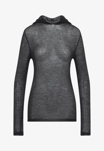 Rick Owens Semi Sheer Hooded Ribbed Sweater In Black