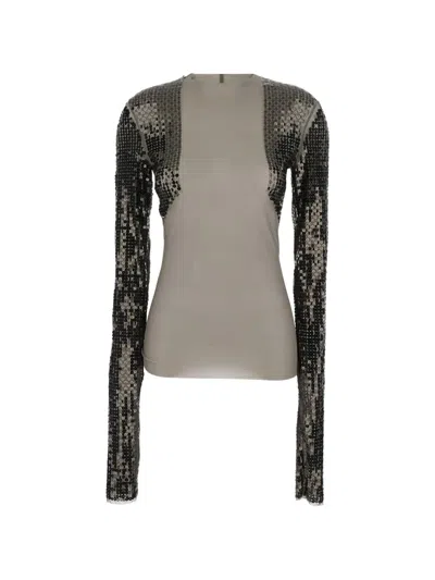 Rick Owens Dennis Grey Cropped T-shirt With Long Sequin Sleeves In Tech Fabric Stretch Woman In Gray