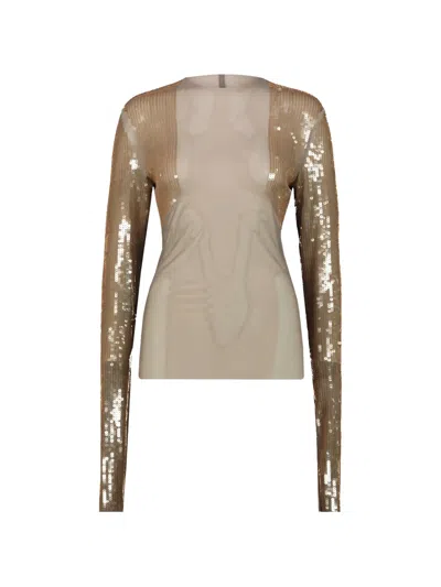 Rick Owens Long Sleeve Sequin Sheer Top Design In Brown