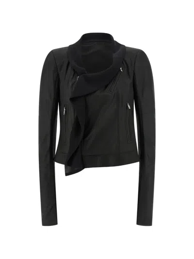 Rick Owens Leather Jacket Draped Collar Long Sleeves Zips In Black