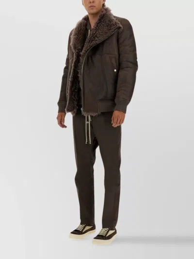 Rick Owens Shearling Collar Coat With Ribbed Cuffs And Hem In Gray