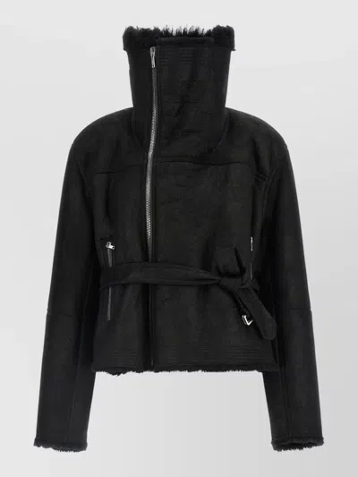 Rick Owens Shearling Cropped Belted Funnel-neck Jacket In Black