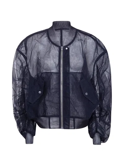 Rick Owens Long Tulle And Chiffon Jacket With Gathered Sleeves In Black
