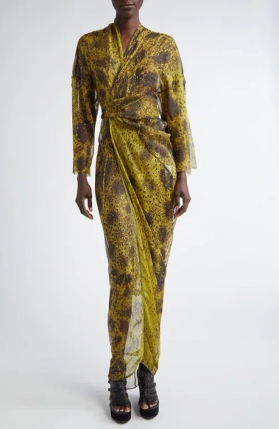 Rick Owens Sheer Long Sleeve Silk Wrap Gown In Acid/black