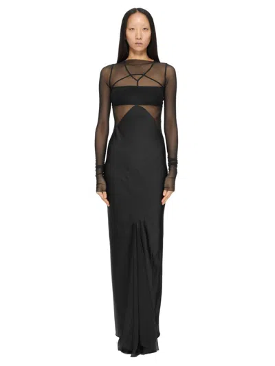Rick Owens Sheer Mesh Long Sleeve Floor-length Gown In Black