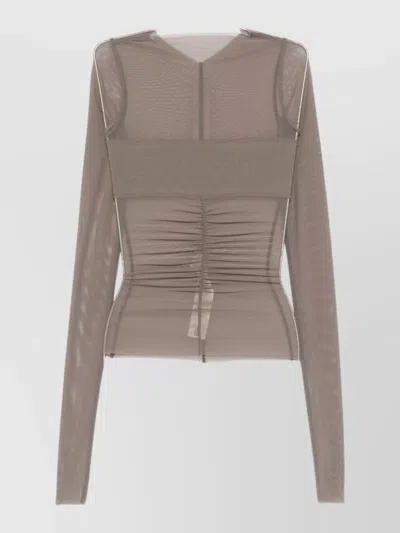 Rick Owens Sheer Ruched Long Sleeve Top In Blue