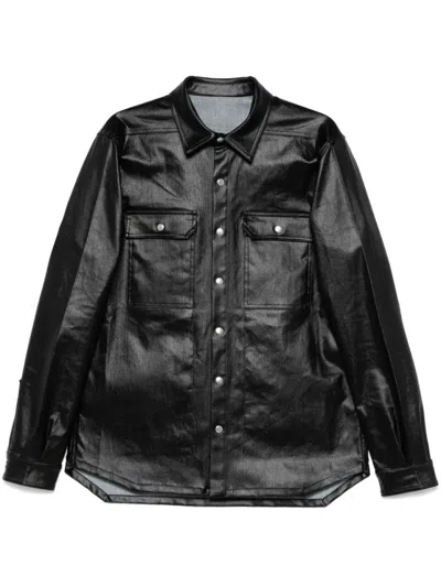 Rick Owens Short Sleeve Coated Overshirt With Structured Silhouette In Black