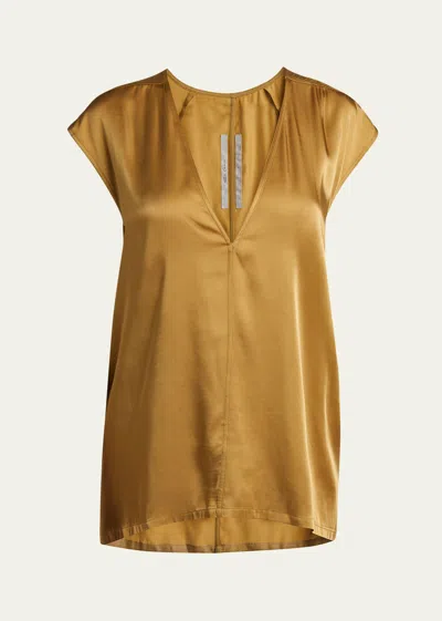 Rick Owens Short-sleeve V-neck Satin Top In Yellow