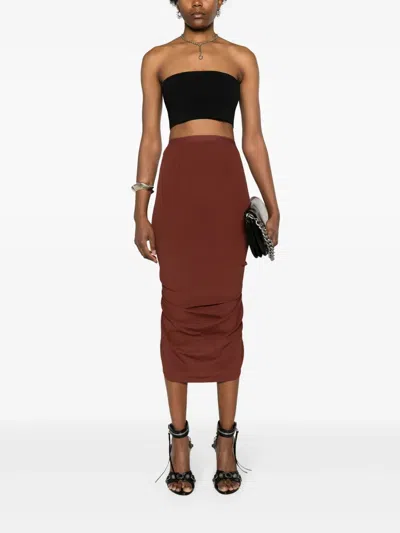 Rick Owens Shrimp Ruched Cupro-blend Jersey Midi Pencil Skirt In Brown