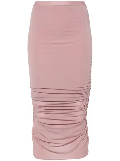 Rick Owens Shrimp Ruched Cupro-jersey Midi Skirt In Pink