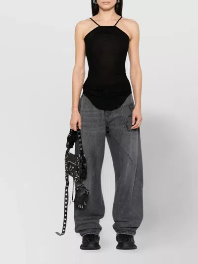 Rick Owens Silk Top With Curved Raw-cut Hem In Black