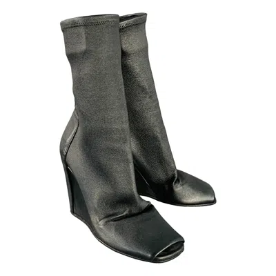 Pre-owned Rick Owens Size 5 Black Lambskin Leather Open Toe Sock Wedge Boots