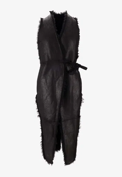 Rick Owens Sl Cyclops Shearling Belted Coat In Black