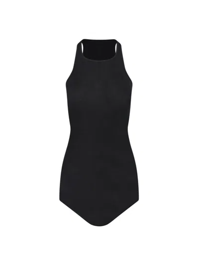 Rick Owens Black Ribbed Tank Top With Curved Hem In Viscose And Silk Blend Woman