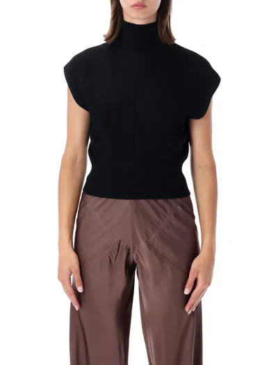 Rick Owens Sleeveless Ribbed Wool Turtleneck Top In Black