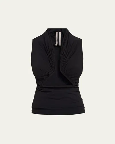 Rick Owens Sleeveless Ruched Jersey Cutout Tank Top In Black