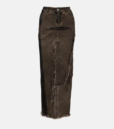 Rick Owens Sliced Distressed Denim Midi Skirt In Brown