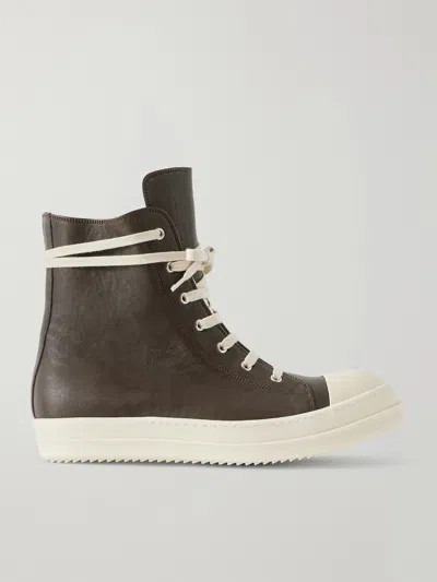 Rick Owens Brown Calf Leather Bos Taurus High Top Sneakers In Black