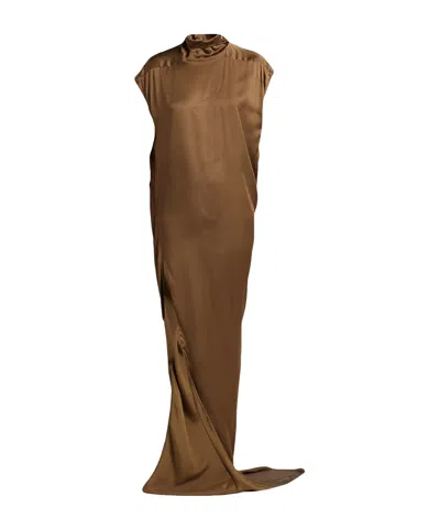 Rick Owens Solid Color Satin Short-sleeve Turtleneck Dress In Brown