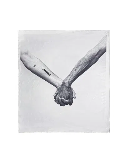 RICK OWENS SQUARE WHITE SILK SCARF WITH JOINED HANDS PRINT