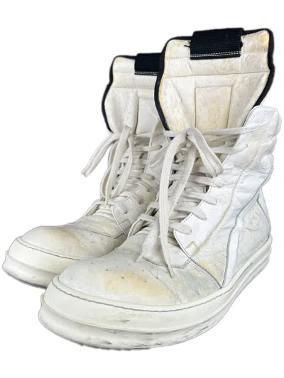 Pre-owned Rick Owens Ss14  Vicious Cracked Deerskin Geobasket Sneakers In White