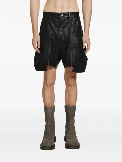 Rick Owens Black Temple Stefan Leather Cargo Shorts