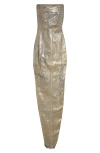 Shop Rick Owens Strapless Metallic Coated Denim Bustier Gown In Gold
