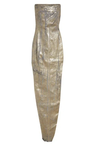 Rick Owens Strapless Metallic Coated Denim Bustier Gown In Gold
