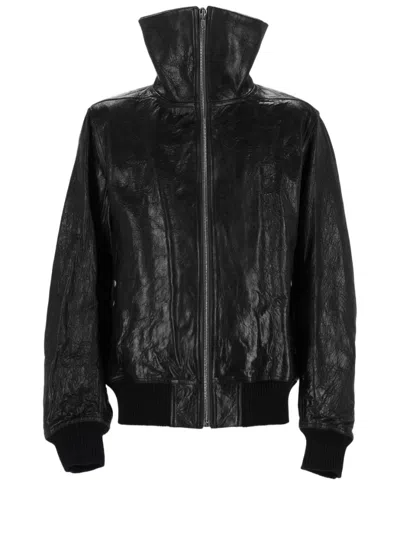 Rick Owens Structured Black Lamb Leather Jacket With High Collar And Ribbed Cuffs