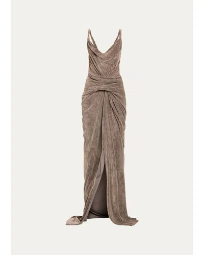 Rick Owens Strutter Twisted Drape Velvet Slit Maxi Dress In Brown