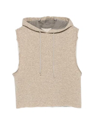 Rick Owens Style Wool-cotton Hoodie Sweatshirt Vest With Drawstring Hood In Neutral