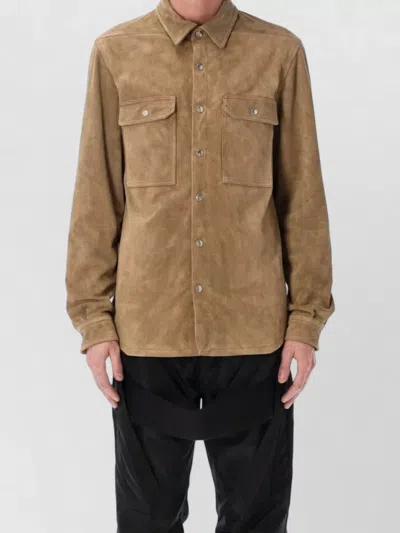 Rick Owens Suede Leather Overshirt Hip Length Boxy In Brown