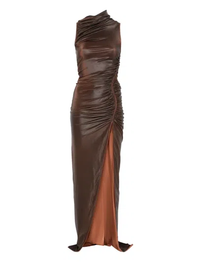 Rick Owens Svita Ruched Coated-jersey Maxi Dress In Brown