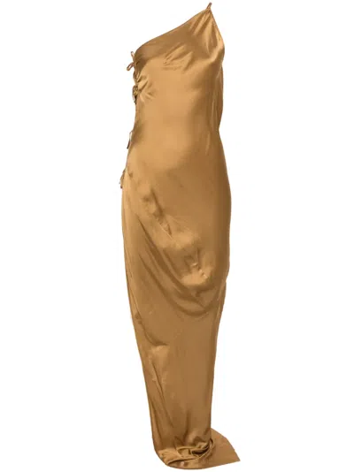 Rick Owens Taco One-shoulder Tie-embellished Satin Dress In Yellow