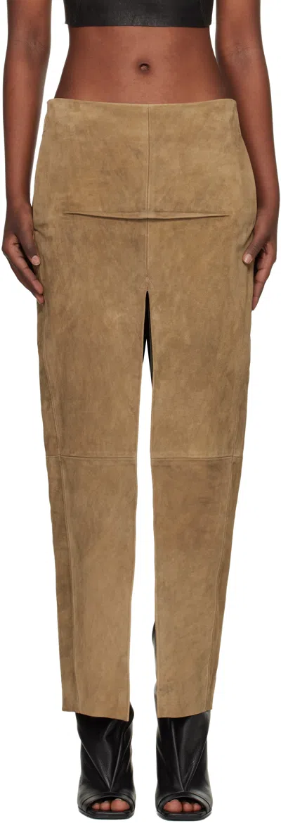 Rick Owens Tan Temple Sliced Suede Midi Skirt In Brown