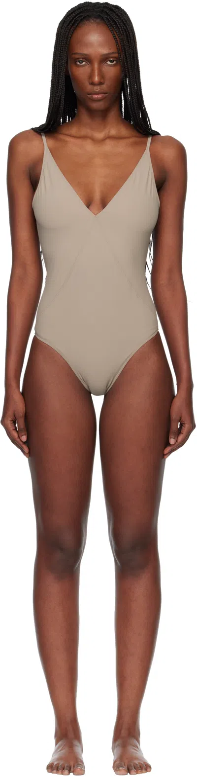 Rick Owens Taupe Temple Deep V Bather Swimsuit In Brown