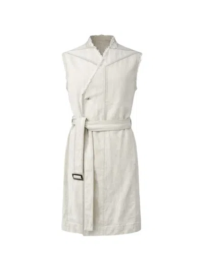 Rick Owens Temple Belted Fringed Sleeveless Coat In White