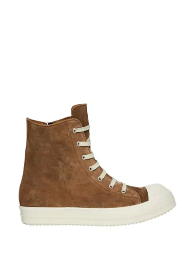 Rick Owens Stylish Suede Lace-up Sneakers With Side Zip And Shark Tooth Sole In Brown