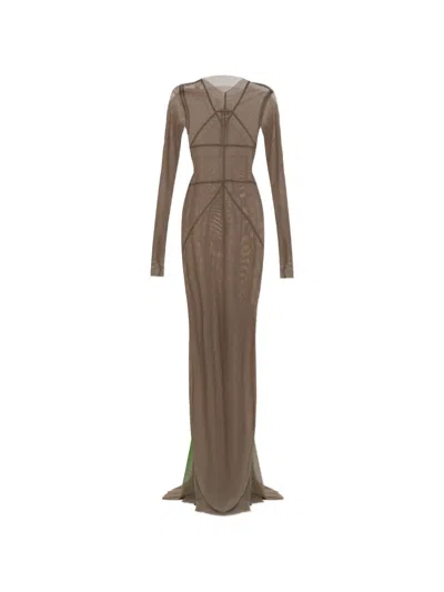 Rick Owens Temple Long-sleeve Sheer Maxi Dress In Brown