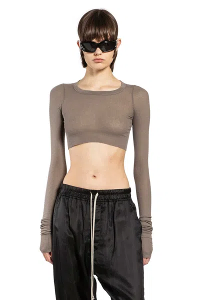 Rick Owens Temple Ls Crop Tee In Viscose Silk Rib In Brown
