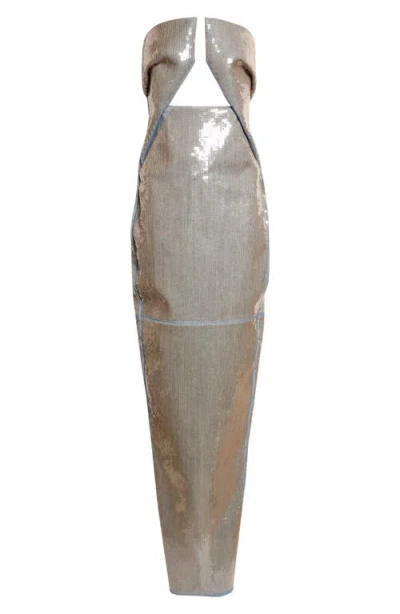 Rick Owens Temple Prong Sequin Stretch Denim Cutout Strapless Gown In Burgundy