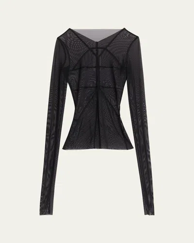 Rick Owens Temple Seamed Mesh Long-sleeve Top In Black