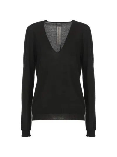 Rick Owens Deep V Neck Knitwear Long Sleeve Sweater In Black