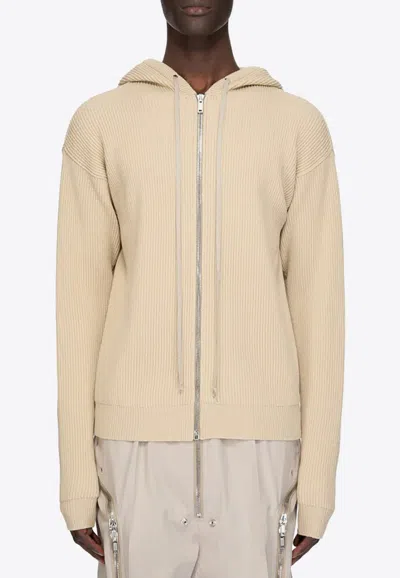 Rick Owens Temple Zipped Hooded Cardigan In Sand