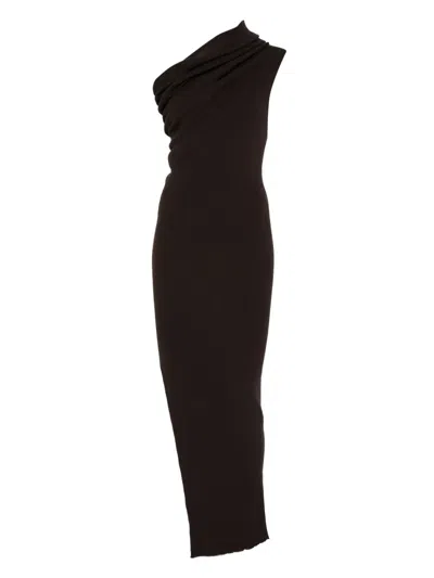 Rick Owens Thena One-shoulder Ribbed Maxi Dress In Brown
