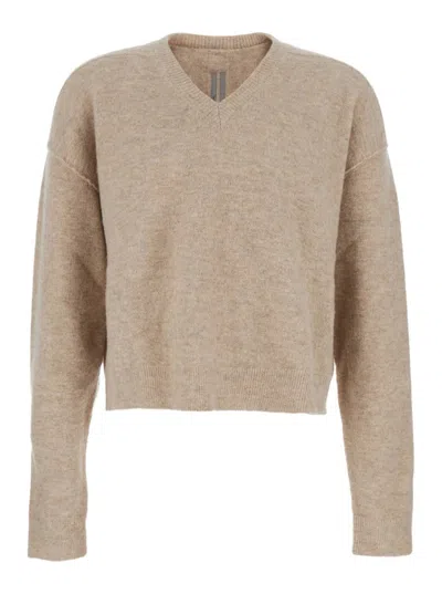 RICK OWENS BEIGE SWEATER WITH V NECK AND DROPPED SHOULDERS IN WOOL BLEND MAN