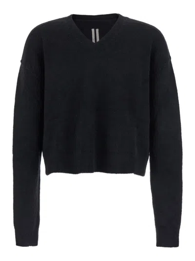 RICK OWENS BLACK SWEATER WITH V NECK AND DROPPED SHOULDERS IN WOOL BLEND MAN