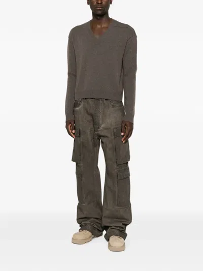 Rick Owens V-neck Cashmere Sweater With Long Sleeves In Brown