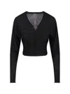 Rick Owens Cropped Long Sleeve Sheer Top V-neck In Black