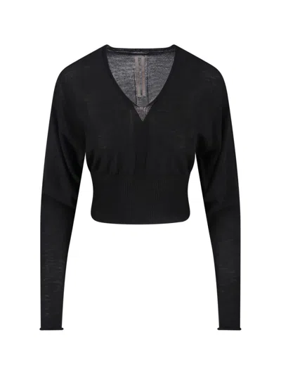 Rick Owens Cropped Long Sleeve Sheer Top V-neck In Black